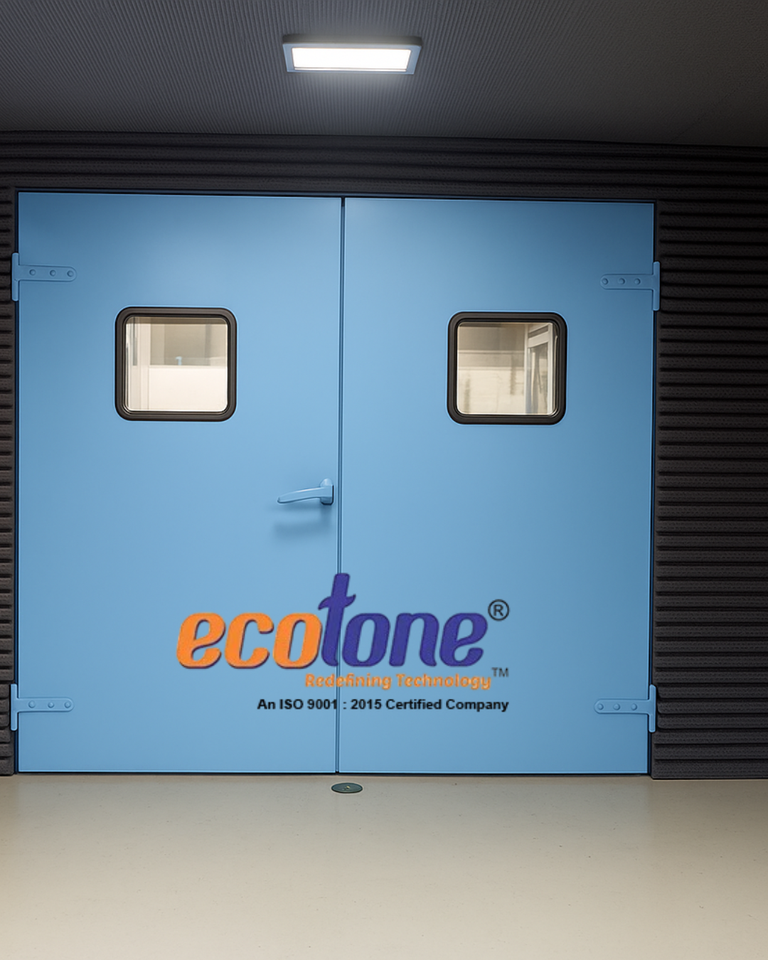 Blue double-leaf acoustic door with vision panels by Ecotone Systems