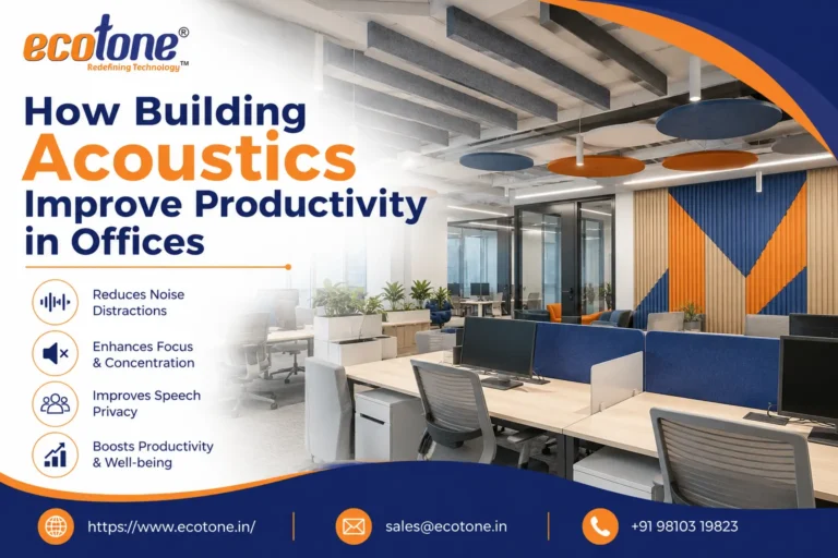 building acoustics, office acoustics, acoustic design for offices, workplace productivity, noise control office, acoustic solutions India, Ecotone Systems, sound absorption panels, office noise reduction, acoustic treatment offices