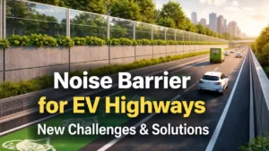 Noise barrier installed along an EV highway showing concrete and transparent highway noise barrier reducing traffic noise