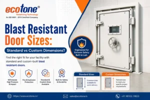 blast resistant door sizes, large blast door dimensions, custom blast resistant door size, standard blast resistant door sizes, blast door dimensions, 40 bar blast resistant door, MK117 bomb blast door standard, BS 476 blast door fire rating, blast resistant doors India, Ecotone Systems