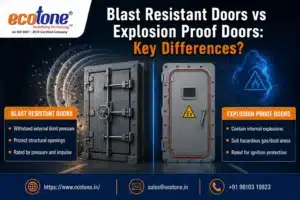 blast resistant vs explosion proof door, explosion proof door meaning, dual rated fire and blast door, blast resistant door, explosion proof enclosure, ATEX blast door, IECEx hazardous area door, fire rated door vs blast resistant door, blast resistant doors petrochemical complex, blast resistant door installation service, Ecotone Systems