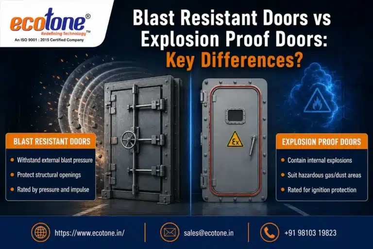 blast resistant vs explosion proof door, explosion proof door meaning, dual rated fire and blast door, blast resistant door, explosion proof enclosure, ATEX blast door, IECEx hazardous area door, fire rated door vs blast resistant door, blast resistant doors petrochemical complex, blast resistant door installation service, Ecotone Systems