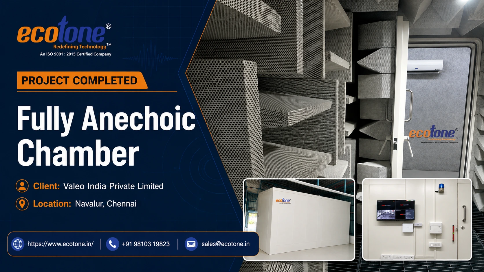 fully anechoic chamber, anechoic chamber Chennai, acoustic test chamber, Valeo India acoustic chamber, anechoic chamber manufacturer India, Ecotone Systems, sound testing chamber, ISO 3745 anechoic chamber
