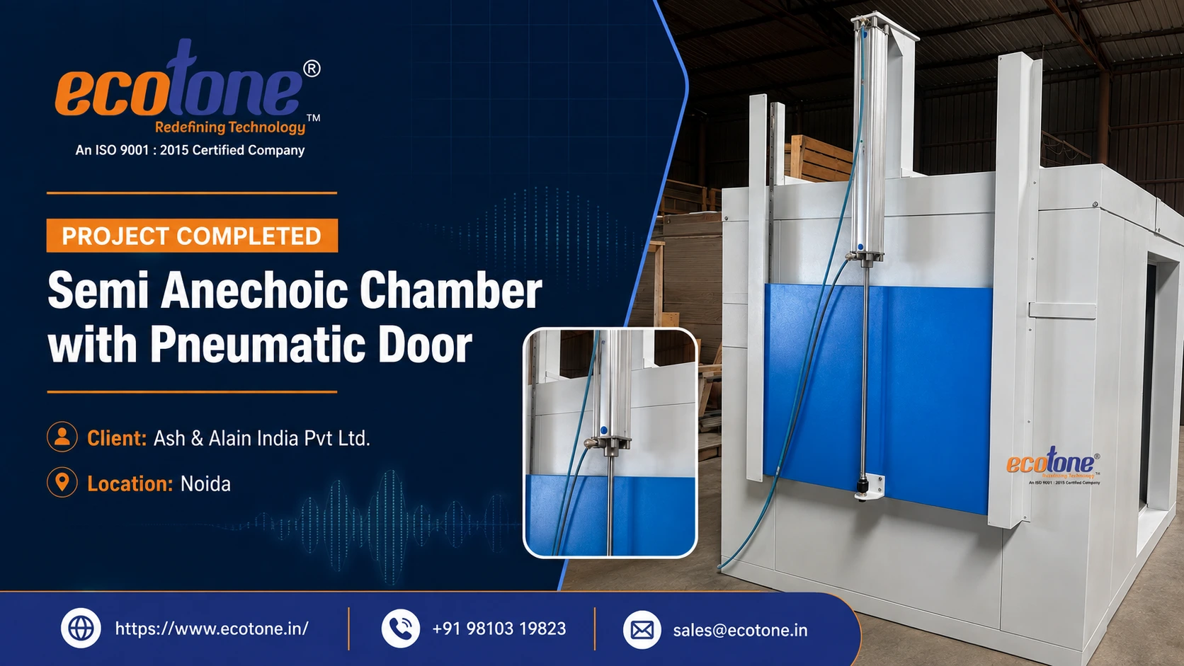 semi anechoic chamber, semi anechoic chamber with pneumatic door, pneumatic door acoustic chamber, semi anechoic chamber Noida, NVH test chamber manufacturer, acoustic enclosure manufacturer India, Ecotone Systems