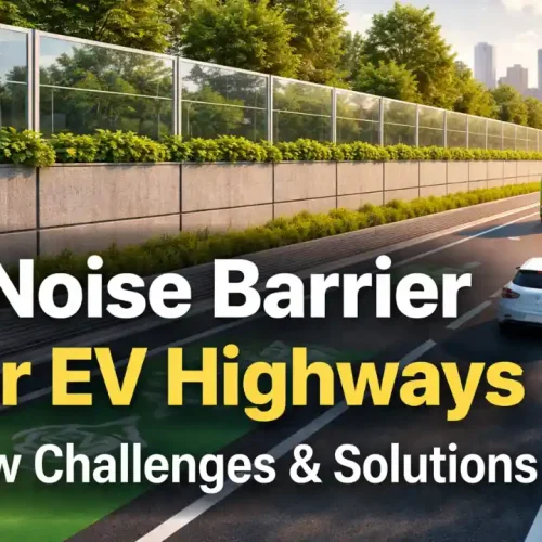Noise barrier installed along an EV highway showing concrete and transparent highway noise barrier reducing traffic noise